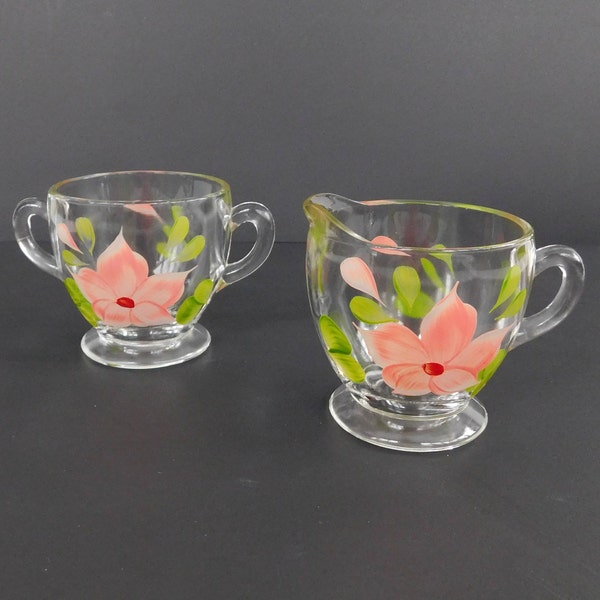 Vintage Barlett Collins Clear Glass Hand Painted Pink Flowers Creamer and Sugar Bowl