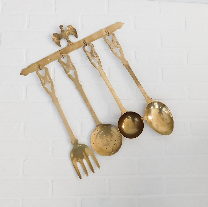 vintage eagle brass 5 pc kitchen utensil wall hanging set | etsy