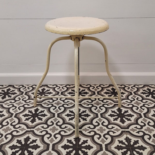 Vintage Creamy White Medical Metal Stool - Farmhouse Cottage - Adjustable Barstool - Farmhouse Kitchen - Industrial Stool