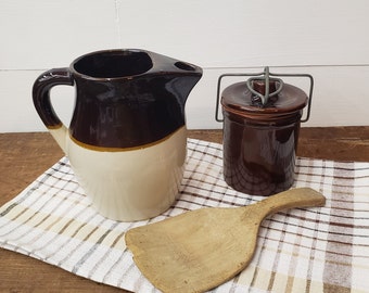 Vintage Two Tone Brown Stoneware Pitcher - Brown Pottery Pitcher - Farmhouse Kitchen Decor