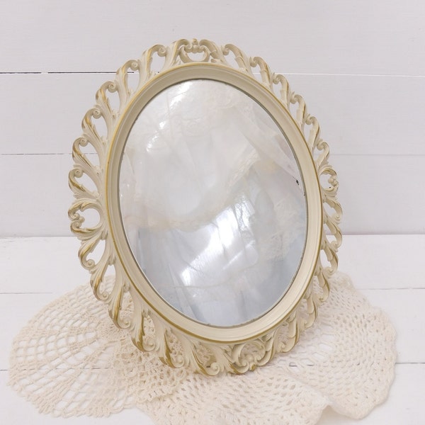 Vintage Syroco Vanity Mirror - Hollywood Regency - Make Up Mirror - Cottage - Cream and Gold Swirl Mirror - Dresser Mirror