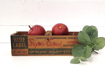 Vintage Blue Label 2 lb Wood Cheese Box - Farmhouse Kitchen - Wood Advertising Box - Collectible