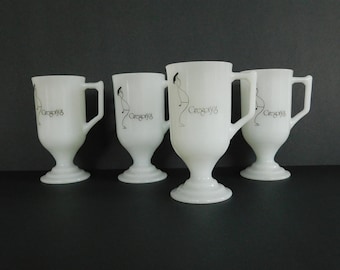 Vintage Set of 4 Gregory's Pedestal Mug Silhouette Tall Footed Milk Glass Coffee Cup, Irish Coffee Mug