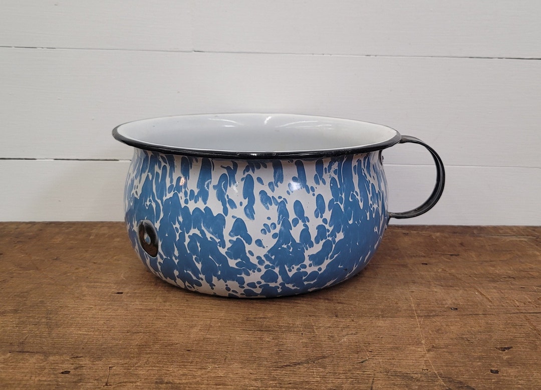 Vintage Enamel Chamber Pot Blue and White Swirl Enamelware Farmhouse