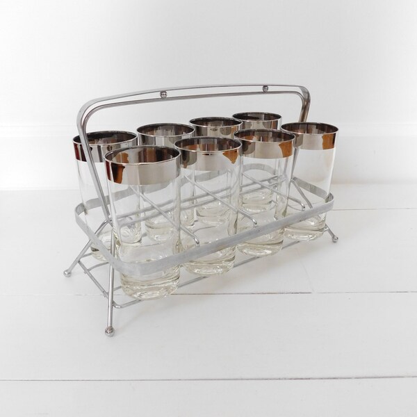 Vintage Silver Rim Dorothy Thorpe Glassware In Carry Caddy - Mid Century Bar - Silver Cocktail Glasses - Barware - Silver Rimmed Drinkware