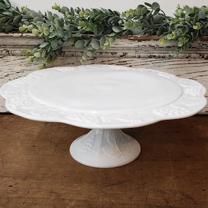 Vintage Milk Glass Grape Embossed Pattern Pedestal Cake Stand - Cake Serving Plate - Farmhouse Cottage