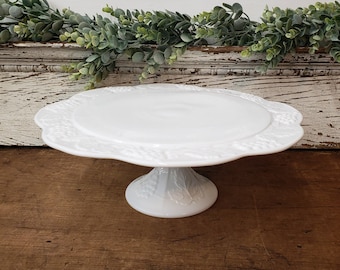 Vintage Milk Glass Grape Embossed Pattern Pedestal Cake Stand - Cake Serving Plate - Farmhouse Cottage