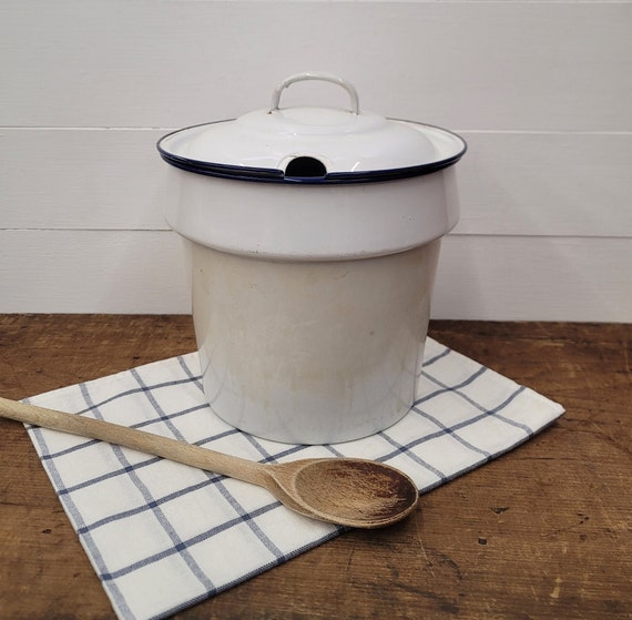 Vintage White Blue Trim Enamelware Stock Pot Insert With Lid