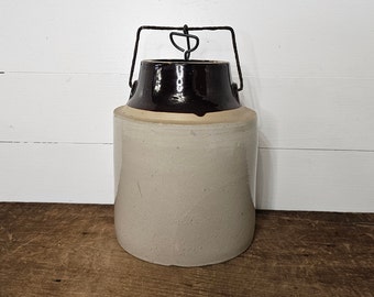 Vintage Two Tone Stoneware Bail Wire Canning Jar - Farmhouse Kitchen - Stoneware Crock