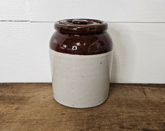 Vintage Small Stoneware Crock Lidded Mustard Pot Condiment Jar - Farmhouse Kitchen