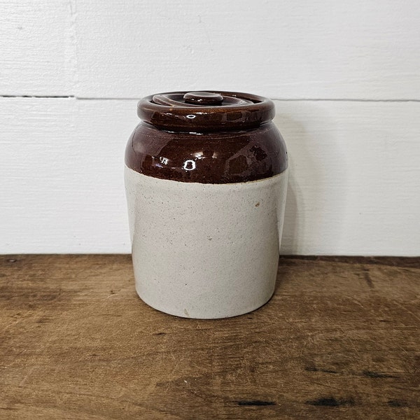 Vintage Small Stoneware Crock Lidded Mustard Pot Condiment Jar - Farmhouse Kitchen
