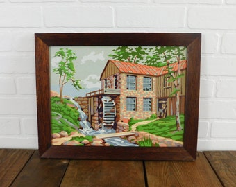 Vintage Paint By Number Country Mill Scenery, Framed Paint By Number Water Mill, Farmhouse Decor