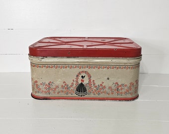 Vintage Tin Litho Red White Victorian Bonnet Lady Bread Storage Box - Metal Bread Box - 1950's Farmhouse Kitchen