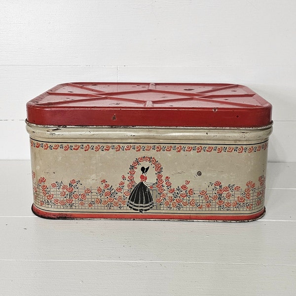 Vintage Tin Litho Red White Victorian Bonnet Lady Bread Storage Box - Metal Bread Box - 1950's Farmhouse Kitchen
