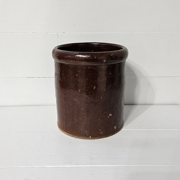 Vintage Brown Salt Glaze Stoneware Crock - Farmhouse Kitchen - Brown Stoneware Jar