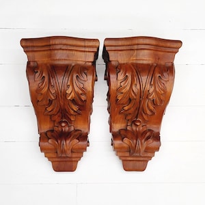 Vintage Carved Wood Corbel - Wood Shelf Bracket - Ornate Scroll Leaf Pattern Wood Corbels