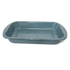 May include: A rectangular baking pan with a smooth, glossy, slate blue enamel finish. The pan features rounded corners, slightly sloped sides, and a wide, flat rim that extends outward on the shorter ends to form integrated handles for gripping.