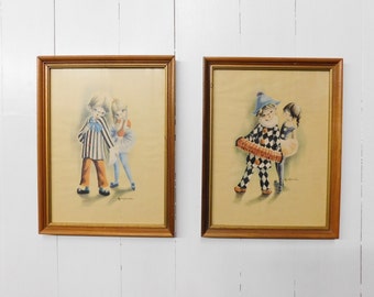 Vintage Pair of FALLARDA Big Eye Clown and Ballerina Children Framed Prints