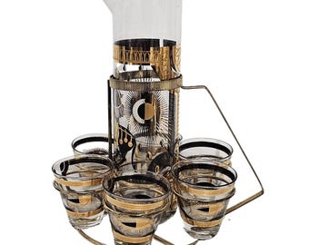 MCM Fred Press Gold & Black Trojan Horse Pitcher W/ Caddy 8-PCS