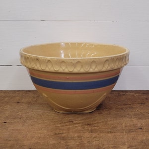 Vintage McCoy Pottery Yellow Ware Pink and Blue Stripe Mixing Bowl - Farmhouse Kitchen - Yellow Ware Bowl - Collectible McCoy Pottery