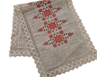Vintage Austrian Embroidered Flowers Linen Dresser Table Runner