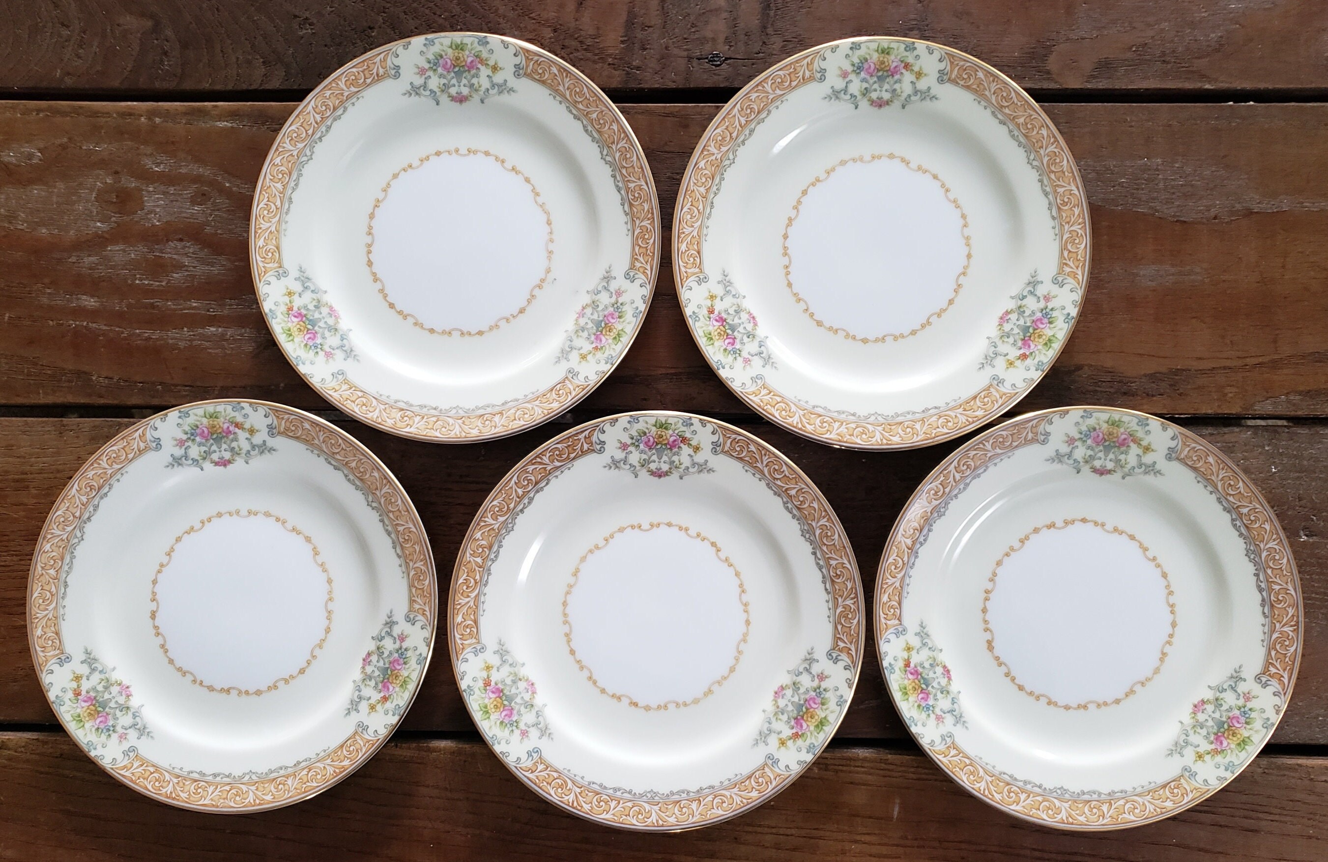 Vintage Set of 5 NORITAKE Gold Pink Roses Bread Plates - Flower