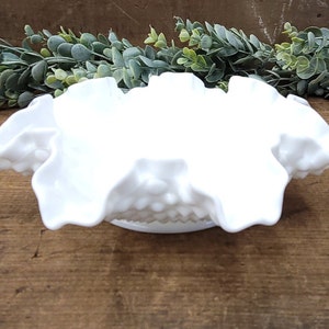 Vintage Milk Glass Hobnail Ruffled Edge Candy Dish - Farmhouse Cottage - Hobnail Milk Glass Bowl