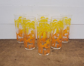 Vintage Set of 6 Federal Glass Tropical Native Island Dancers Drinking Glasses - Tiki Bar - Tom Collins Glassware - Barware