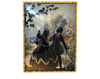 Vintage Rückmalerei Silhouette Paar Cottage Landschaft gerahmt konvexes Glas