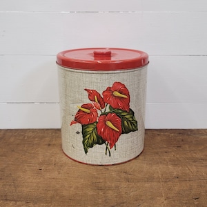 Vintage Decorware Red Flower Metal Canister - Retro Kitchen