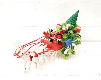 Vintage Hong Kong Plastic Reindeer and Santa Sleigh - Collectible Christmas Decor