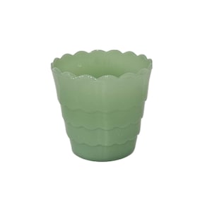 May include: A light green, scalloped-edge planter. The planter has a tiered design with a wavy pattern around the rim and each level. The material appears to be translucent, allowing light to pass through. This decorative container is suitable for small plants.
