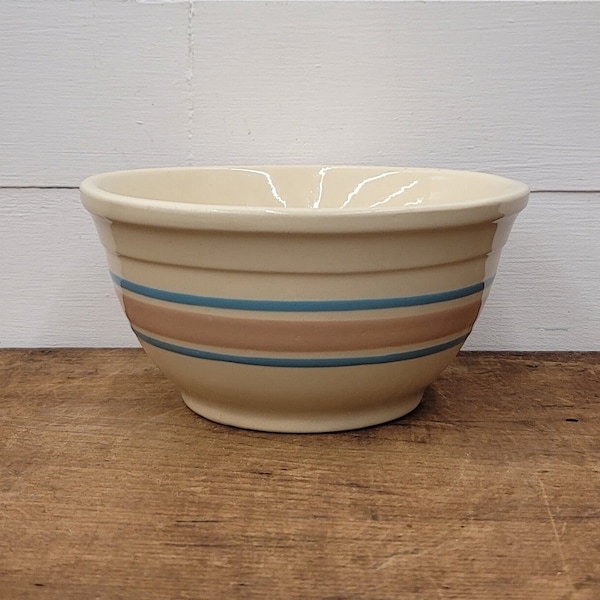 Vintage McCoy Pottery No 8 Blue Pink Band Mixing Bowl - Farmhouse Kitchen - McCoy Mount Clemons