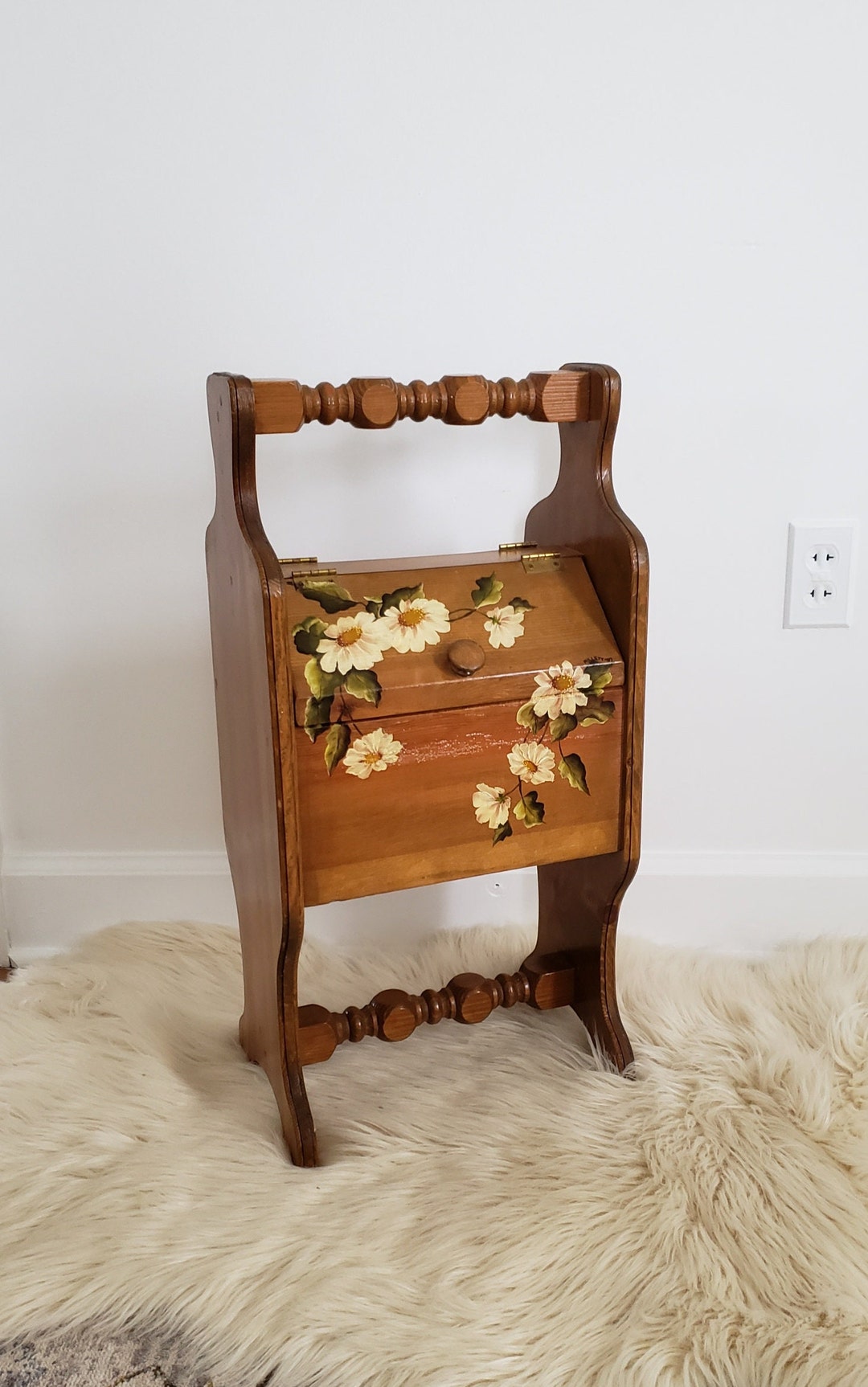 Vintage Wood Sewing Box Stand With Hand Painted Flowers Etsy