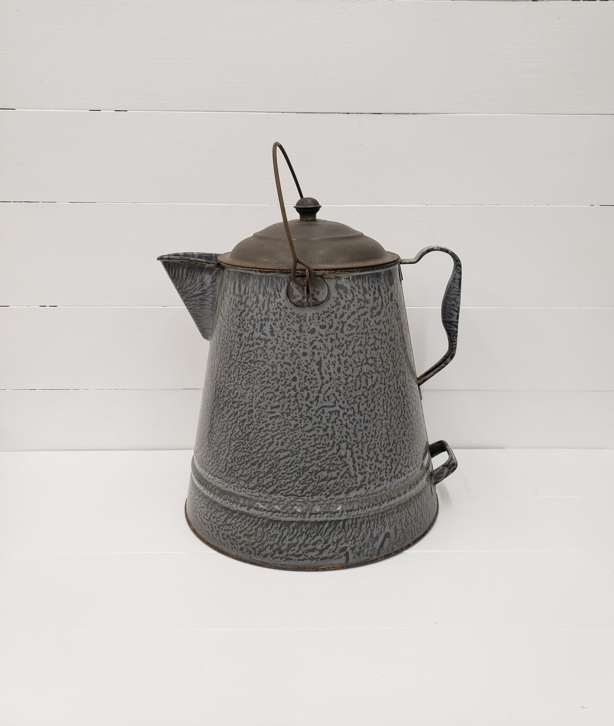 Cowboy Coffee Pot 1930s Gray Enamelware Wire and Wood Bale