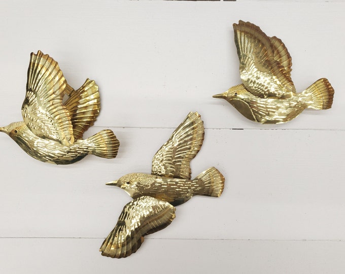 Vintage Gold Metal Birds in Flight Wall Plaques Home Interior Birds