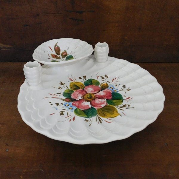 Vintage Italian Flowers Chip and Dip Candlestick Holder Bowl Set  - Made In Italy Chip and Dip Bowl - Serving Bowl