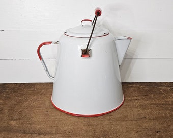 Vintage White and Red Enamelware Kettle - Farmhouse Kitchen - Red Trim Enamel Kettle - White Enamelware - Farmhouse Decor