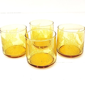Vintage Gold Amber Textured Leaf Pattern Tumblers - Mid Century Drinkware - Cocktail Glasses