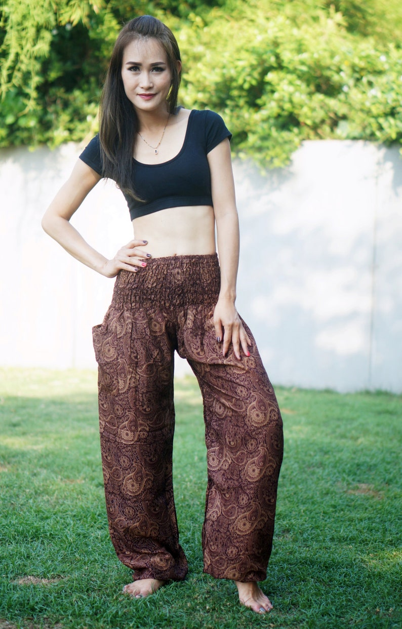 Elastic Waist Clothing Beach Women Baggy Casual B2008 Boho Strenchy Pants Brown Peacock Pants Thai Pants Aztec Ethnic Print