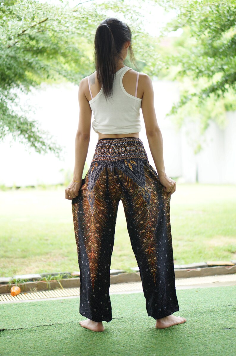 Peacock Print Thai Pants,Aztec Ethnic Print Boho Strenchy Pants,Elastic Waist Clothing Beach Women Baggy Casual Harem Black P00999