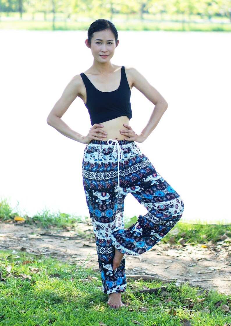 Rayon Pants Elastic Waist Clothing Beach Women Baggy Casual Trouser Unisex Blue NB04421 Harem Pants Thai Pants Boho Strenchy Pants