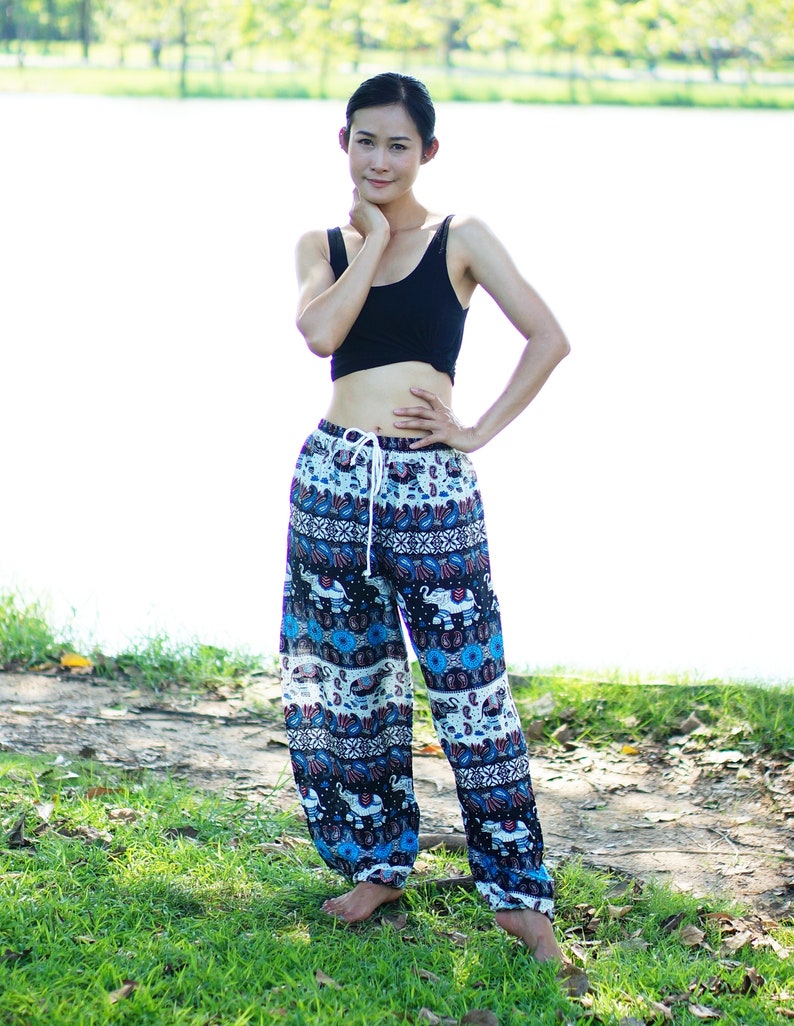 Rayon Pants Elastic Waist Clothing Beach Women Baggy Casual Trouser Unisex Blue NB04421 Harem Pants Thai Pants Boho Strenchy Pants