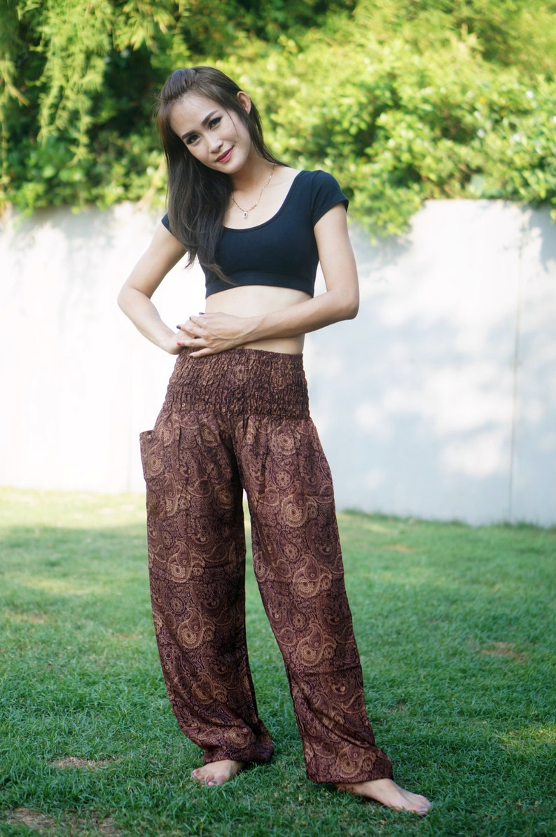 Elastic Waist Clothing Beach Women Baggy Casual B2008 Boho Strenchy Pants Brown Peacock Pants Thai Pants Aztec Ethnic Print