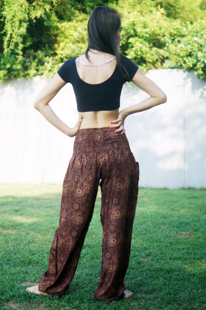Elastic Waist Clothing Beach Women Baggy Casual B2008 Boho Strenchy Pants Brown Peacock Pants Thai Pants Aztec Ethnic Print