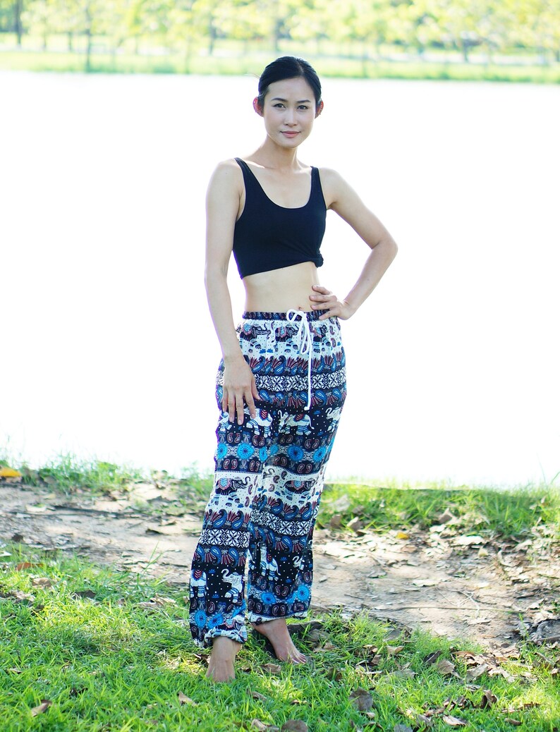 Rayon Pants Elastic Waist Clothing Beach Women Baggy Casual Trouser Unisex Blue NB04421 Harem Pants Thai Pants Boho Strenchy Pants