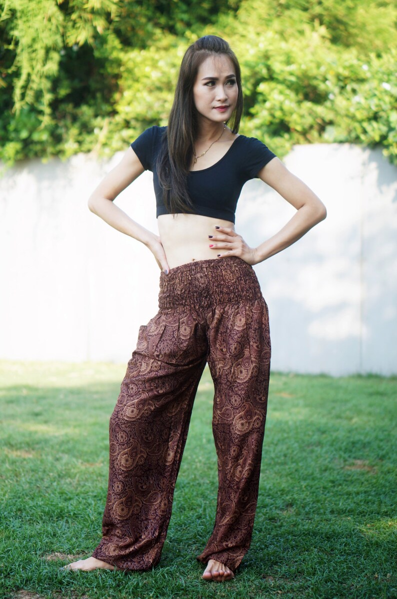 Elastic Waist Clothing Beach Women Baggy Casual B2008 Boho Strenchy Pants Brown Peacock Pants Thai Pants Aztec Ethnic Print