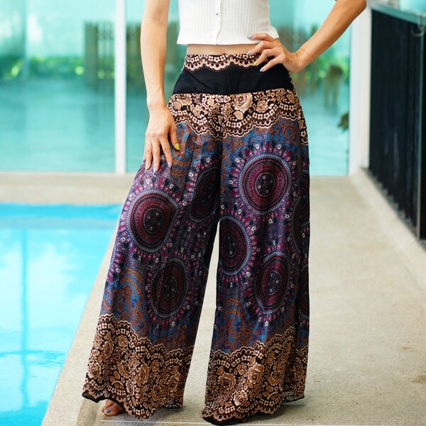 Palazzo Style Wide leg pants, Rayon Pants, Boho Strenchy Pants,Elastic Waist Clothing Beach Women Trousers Purple color PZ339219