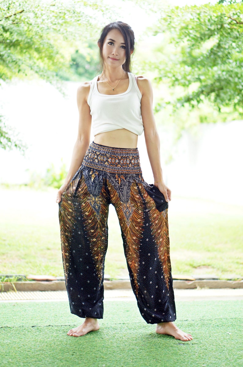 Peacock Print Thai Pants,Aztec Ethnic Print Boho Strenchy Pants,Elastic Waist Clothing Beach Women Baggy Casual Harem Black P00999