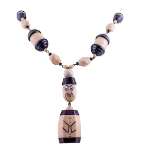 French Vintage 1930s Galalith Hand Carved & Painted Necklace